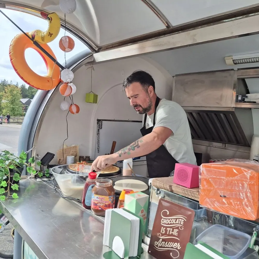 Making crepes inside the Kalokeri trailer